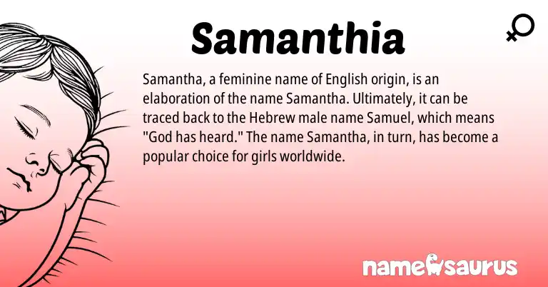 Infographic about Samanthia name meaning, Samanthia is a name from English, Hebrew origin(s).