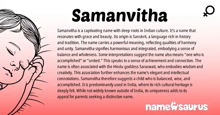 Infographic about Samanvitha name meaning, Samanvitha is a name from Indian, Hindu, Sanskrit origin(s).