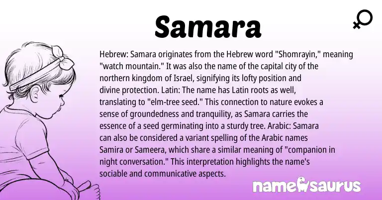 Infographic about Samara name meaning, Samara is a name from Latin, Arabic, Hebrew origin(s).