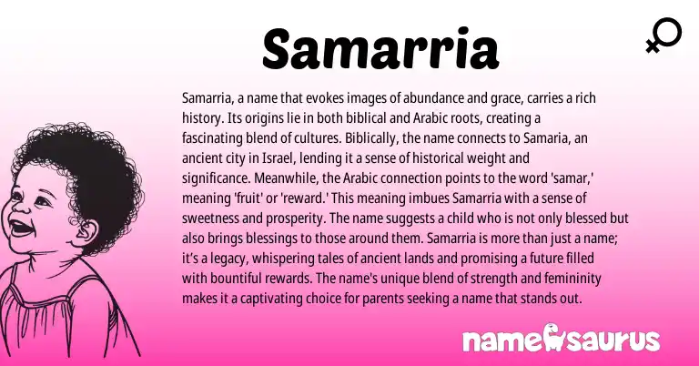 Infographic about Samarria name meaning, Samarria is a name from Arabic origin(s).