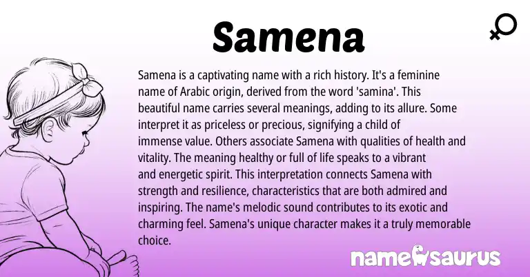 Infographic about Samena name meaning, Samena is a name from Polynesian, Arabic origin(s).