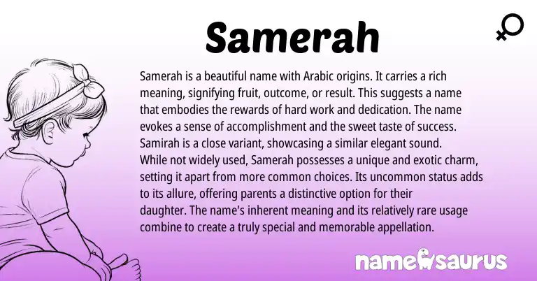 Infographic about Samerah name meaning, Samerah is a name from Arabic origin(s).