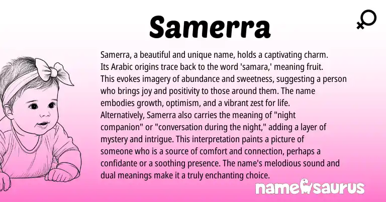Infographic about Samerra name meaning, Samerra is a name from Arabic origin(s).