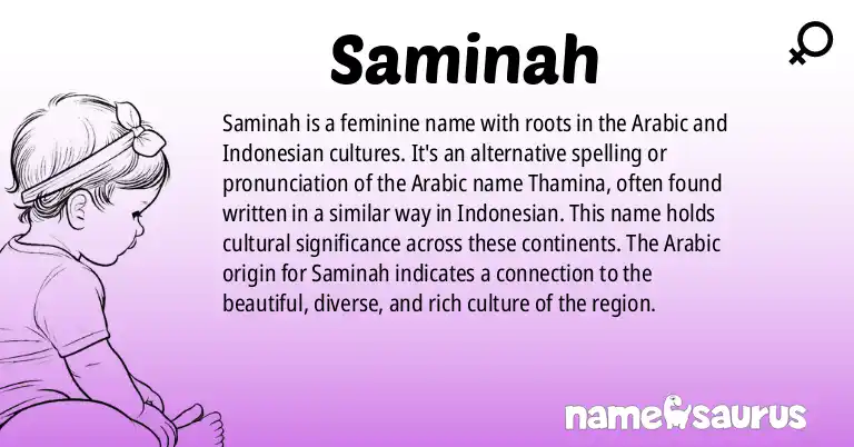 Infographic about Saminah name meaning, Saminah is a name from Arabic, Indonesian origin(s).