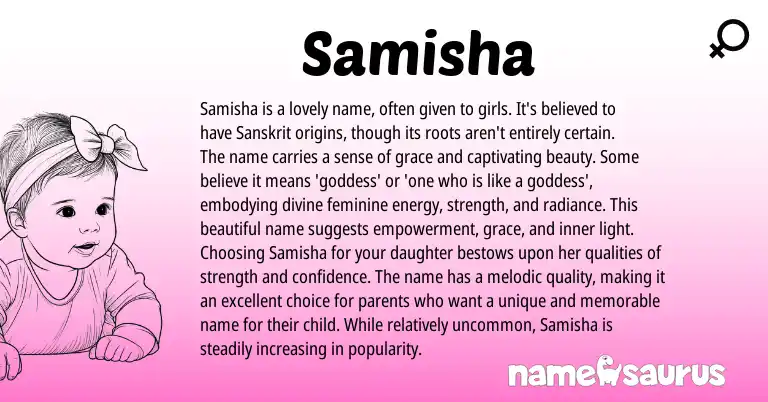 Infographic about Samisha name meaning, Samisha is a name from Hindi, Sanskrit origin(s).