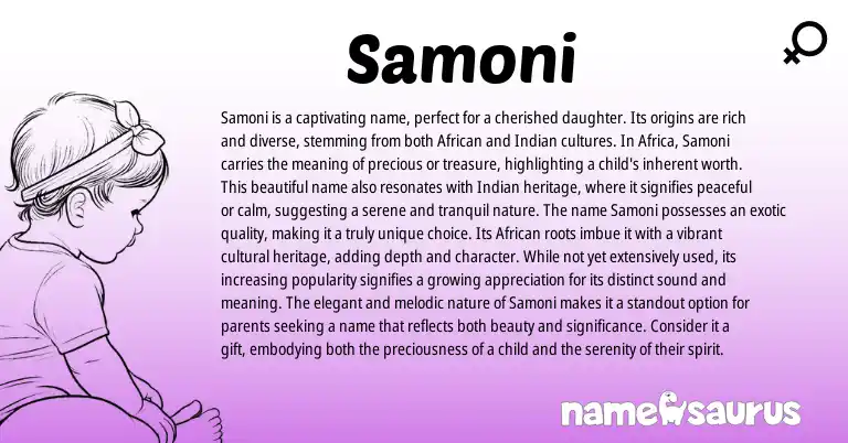 Infographic about Samoni name meaning, Samoni is a name from African, Indian origin(s).