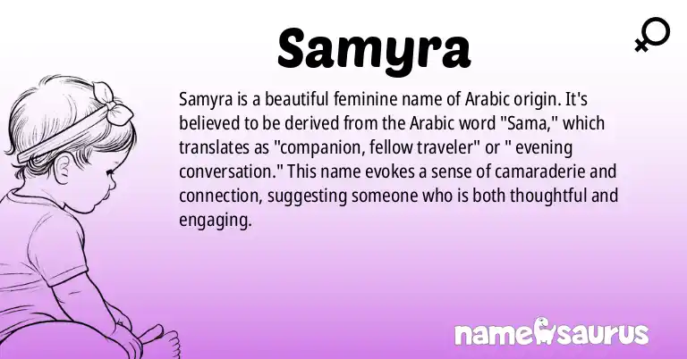 Infographic about Samyra name meaning, Samyra is a name from Arabic origin(s).