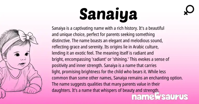 Infographic about Sanaiya name meaning, Sanaiya is a name from Arabic origin(s).