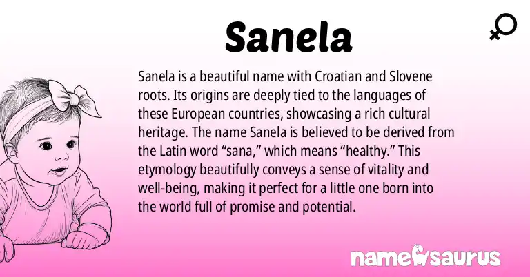 Infographic about Sanela name meaning, Sanela is a name from Croatian, Slovene origin(s).