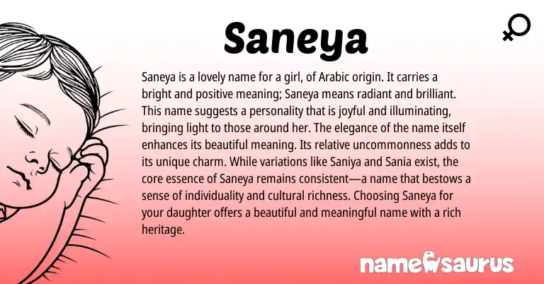 Infographic about Saneya name meaning, Saneya is a name from Persian, Arabic origin(s).