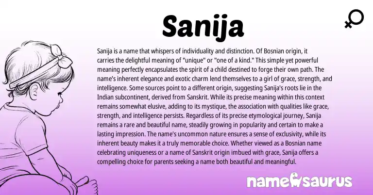 Infographic about Sanija name meaning, Sanija is a name from Bosnian origin(s).