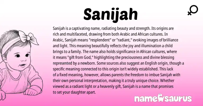 Infographic about Sanijah name meaning, Sanijah is a name from African, Arabic origin(s).