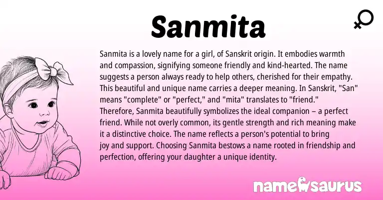 Infographic about Sanmita name meaning, Sanmita is a name from Sanskrit origin(s).