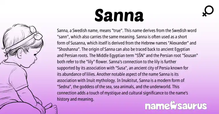 Infographic about Sanna name meaning, Sanna is a name from Inuit, Inuktitut, Swedish, Persian, Egyptian, Hebrew origin(s).