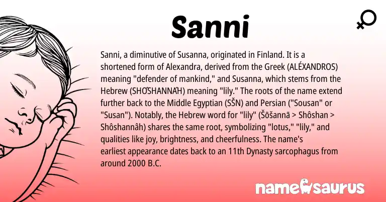 Infographic about Sanni name meaning, Sanni is a name from Egyptian, Persian, Hebrew, Greek origin(s).