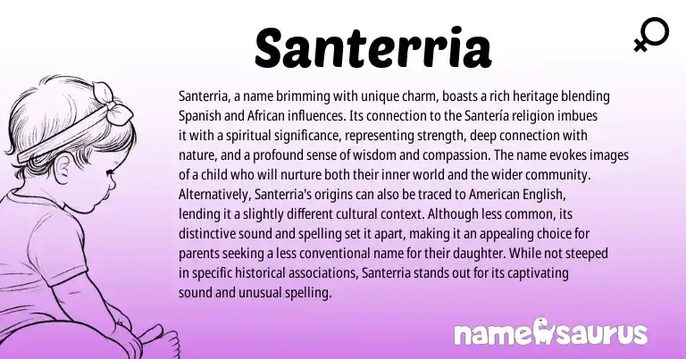 Infographic about Santerria name meaning, Santerria is a name from African, Spanish origin(s).