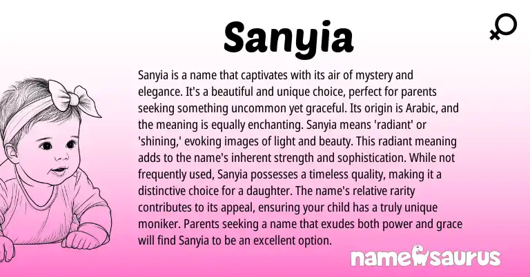 Infographic about Sanyia name meaning, Sanyia is a name from Arabic origin(s).