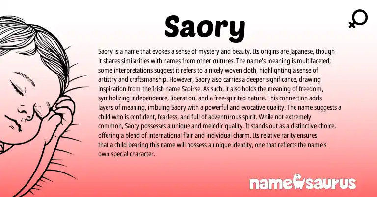 Infographic about Saory name meaning, Saory is a name from Japanese, Irish origin(s).