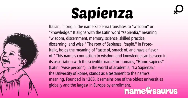 Infographic about Sapienza name meaning, Sapienza is a name from Latin, Italian origin(s).