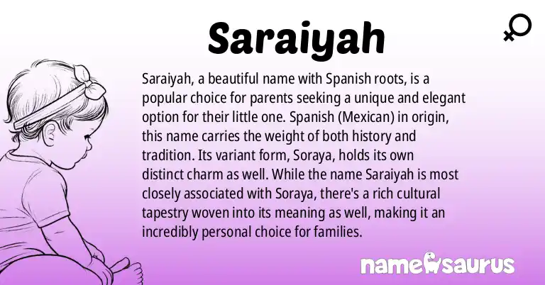 Infographic about Saraiyah name meaning, Saraiyah is a name from Spanish (Mexican) origin(s).