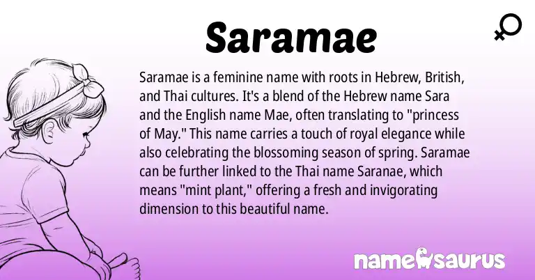 Infographic about Saramae name meaning, Saramae is a name from Hebrew, British, Thai origin(s).