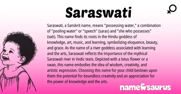 Infographic about Saraswati name meaning, Saraswati is a name from Sanskrit, Hindu origin(s).