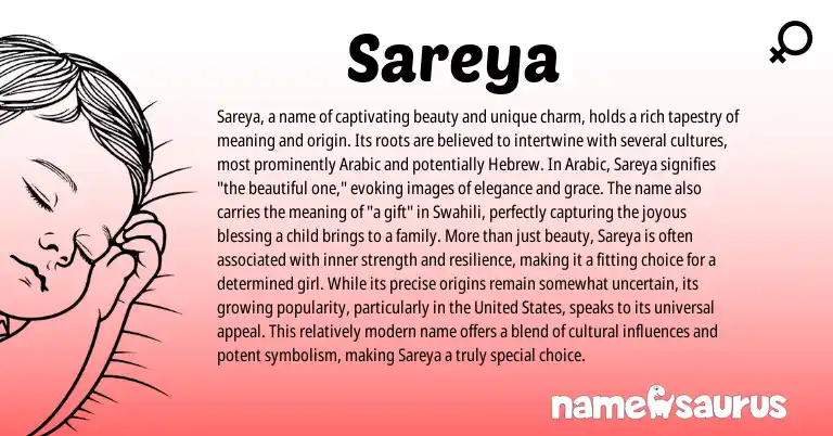 Infographic about Sareya name meaning, Sareya is a name from Swahili, Arabic origin(s).