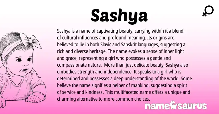 Infographic about Sashya name meaning, Sashya is a name from Russian, Slavic, Sanskrit origin(s).