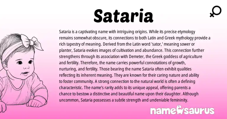 Infographic about Sataria name meaning, Sataria is a name from Greek, Latin origin(s).