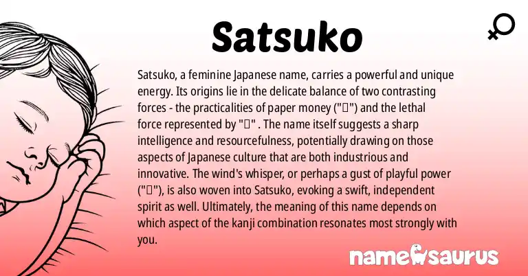 Infographic about Satsuko name meaning, Satsuko is a name from Japanese origin(s).
