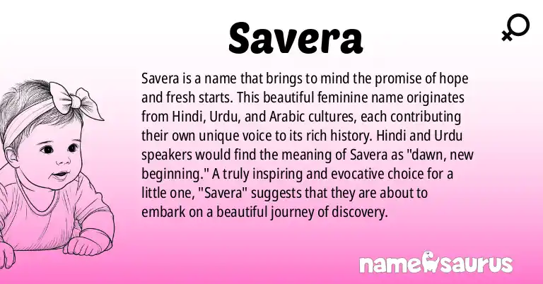 Infographic about Savera name meaning, Savera is a name from Hindi, Urdu, Arabic origin(s).