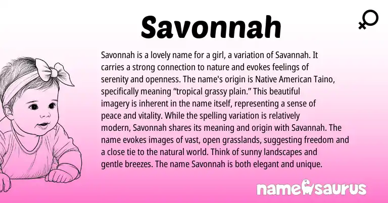 Infographic about Savonnah name meaning, Savonnah is a name from American, Taino origin(s).