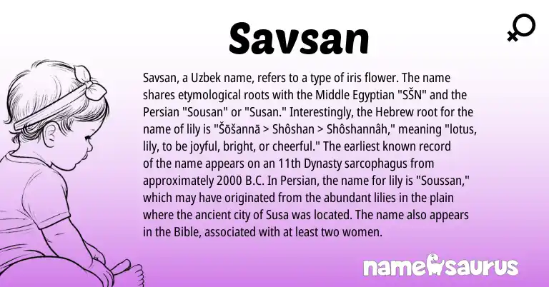 Infographic about Savsan name meaning, Savsan is a name from Egyptian, Uzbek, Persian, Hebrew origin(s).