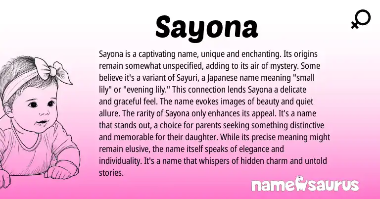 Infographic about Sayona name meaning, Sayona is a name from Japanese origin(s).