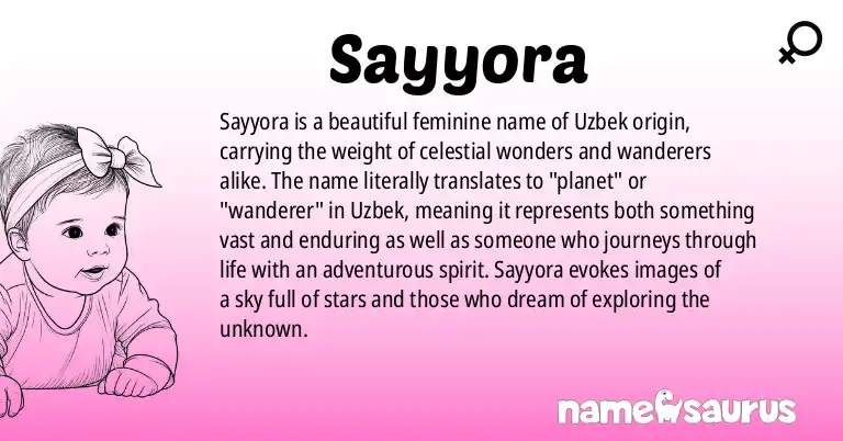 Infographic about Sayyora name meaning, Sayyora is a name from Uzbek origin(s).