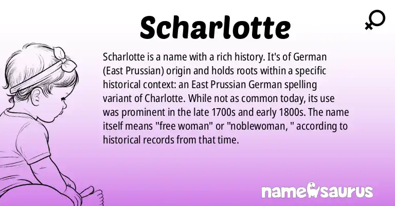 Infographic about Scharlotte name meaning, Scharlotte is a name from German (East Prussian) origin(s).