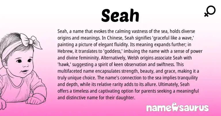 Infographic about Seah name meaning, Seah is a name from Welsh, Hebrew, Chinese origin(s).