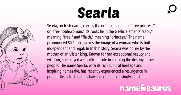 Infographic about Searla name meaning, Searla is a name from Irish, Gaelic origin(s).