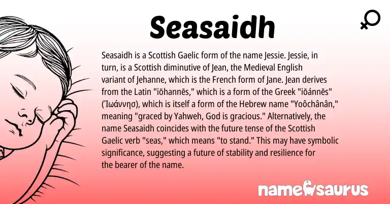 Infographic about Seasaidh name meaning, Seasaidh is a name from Gaelic, French, Medieval English, Latin, Greek, Scottish, Hebrew origin(s).