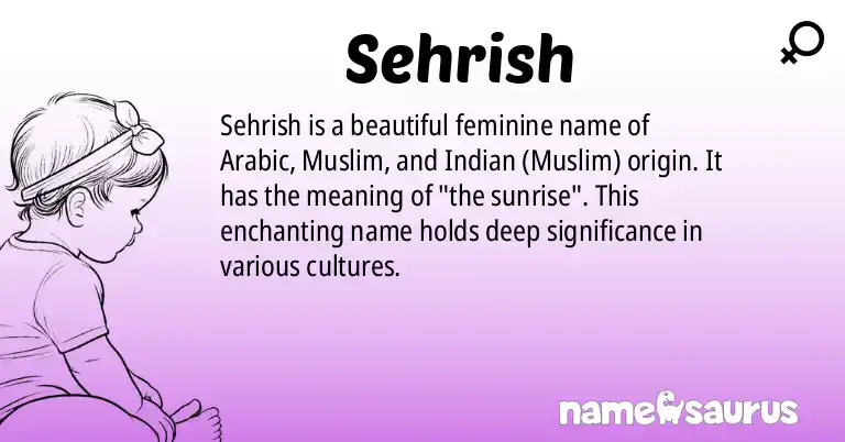 Infographic about Sehrish name meaning, Sehrish is a name from Arabic, Muslim, Indian (Muslim), Pakistani origin(s).