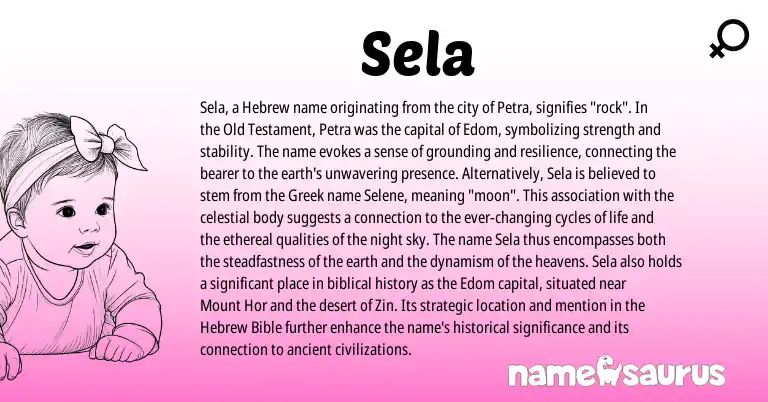 Infographic about Sela name meaning, Sela is a name from Hebrew, Greek origin(s).