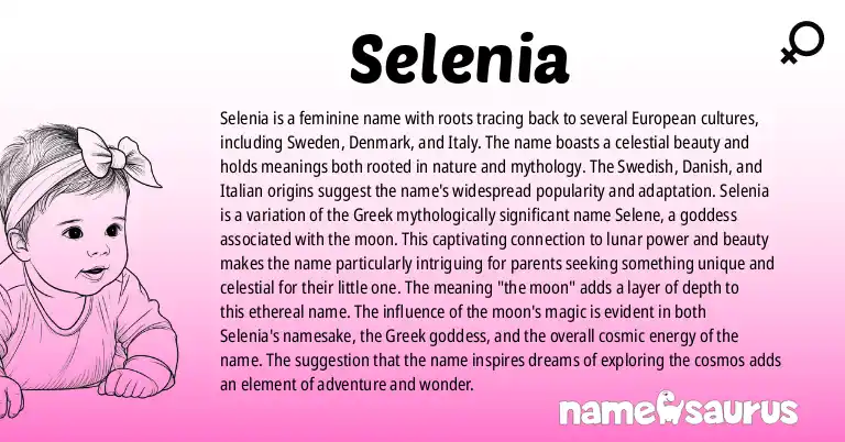 Infographic about Selenia name meaning, Selenia is a name from Swedish, Danish, Italian, Spanish (Latin American) origin(s).