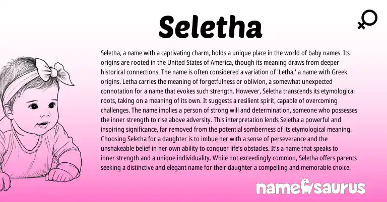 Infographic about Seletha name meaning, Seletha is a name from Greek origin(s).