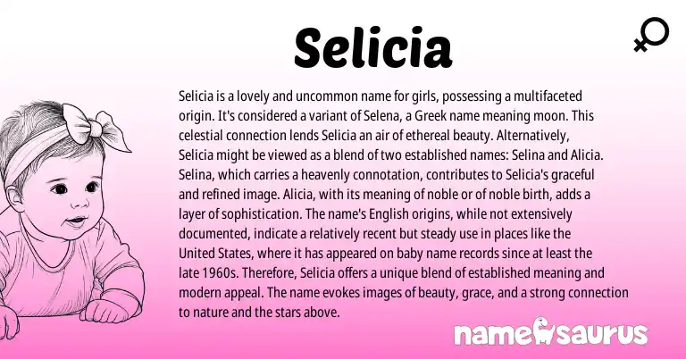 Infographic about Selicia name meaning, Selicia is a name from Greek origin(s).