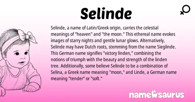 Infographic about Selinde name meaning, Selinde is a name from German, Dutch, Latin, Greek origin(s).