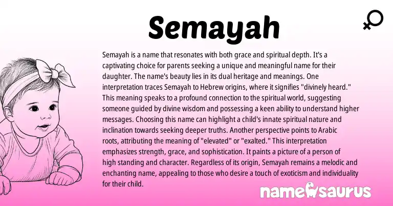 Infographic about Semayah name meaning, Semayah is a name from Hebrew origin(s).