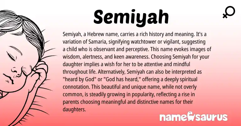 Infographic about Semiyah name meaning, Semiyah is a name from Hebrew, Arabic origin(s).