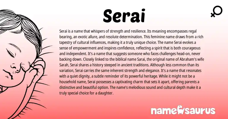 Infographic about Serai name meaning, Serai is a name from Indian, Persian origin(s).