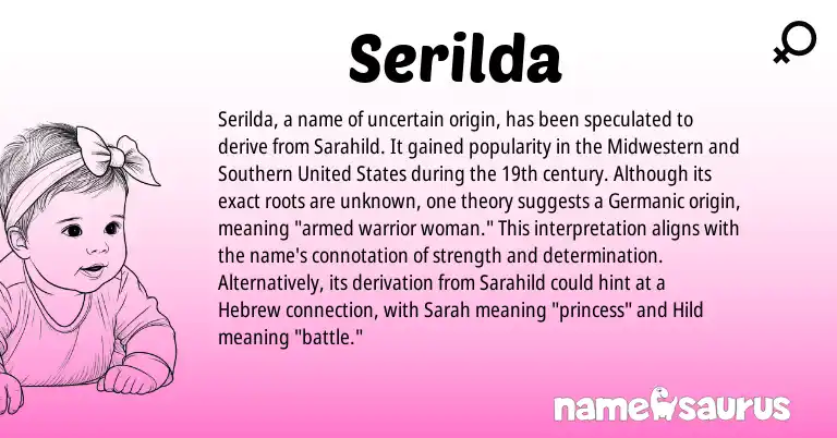 Infographic about Serilda name meaning, Serilda is a name from Germanic, Hebrew, United States origin(s).