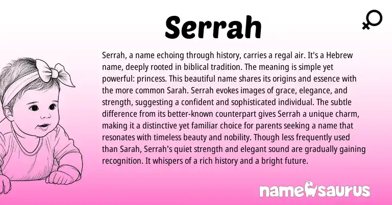 Infographic about Serrah name meaning, Serrah is a name from Hebrew, Biblical, American origin(s).